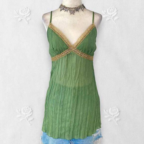 Meghan Noland Early 2000s Shimmery Green Gold Thread Sheer Fairy Camisole Top M - Picture 1 of 7